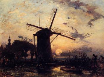 Johan Barthold Jongkind : Boatman by a Windmill at Sundown